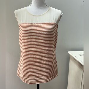 Ann Taylor Top Linen Blend Striped   Orange Cream Blouse Short Sleeve 8 Petite